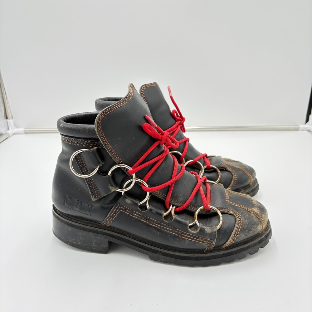 GBX Men’s Black Leather Chunky Cyber Punk D-Ring Lace Up Lug Sole Boots Size 9